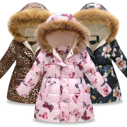 New Girls Warm Down Jackets Cotton Jacket Kids Printed Thick Outerwear Children Clothing Autumn Winter Baby Girls Hooded Coats