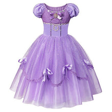 Load image into Gallery viewer, MUABABY Deluxe Sofia Dress for Girls Summer Princess Dress Up Ball Gown Children 4 Layers Floor Length Rapunzel Cosplay Costume