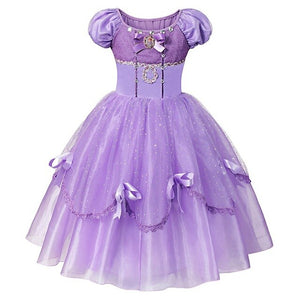 MUABABY Deluxe Sofia Dress for Girls Summer Princess Dress Up Ball Gown Children 4 Layers Floor Length Rapunzel Cosplay Costume