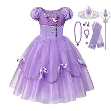 Load image into Gallery viewer, MUABABY Deluxe Sofia Dress for Girls Summer Princess Dress Up Ball Gown Children 4 Layers Floor Length Rapunzel Cosplay Costume