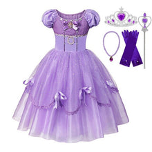 Load image into Gallery viewer, MUABABY Deluxe Sofia Dress for Girls Summer Princess Dress Up Ball Gown Children 4 Layers Floor Length Rapunzel Cosplay Costume