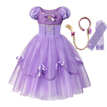 Load image into Gallery viewer, MUABABY Deluxe Sofia Dress for Girls Summer Princess Dress Up Ball Gown Children 4 Layers Floor Length Rapunzel Cosplay Costume