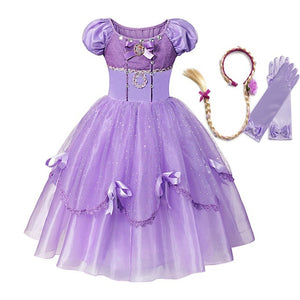 MUABABY Deluxe Sofia Dress for Girls Summer Princess Dress Up Ball Gown Children 4 Layers Floor Length Rapunzel Cosplay Costume