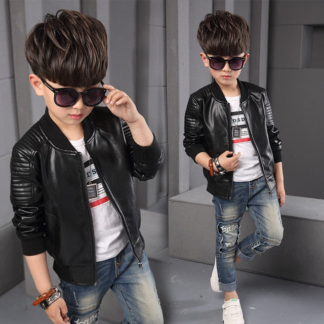 2 - 17 Years Kids Thin Section Baby Boy Jackets Children Solid Full PU Faux Leather Coats Outerwear Clothing Long Sleeve Coat