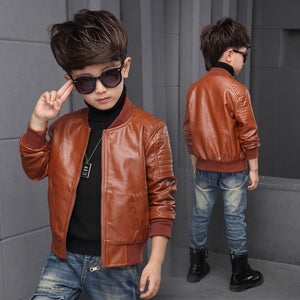 2 - 17 Years Kids Thin Section Baby Boy Jackets Children Solid Full PU Faux Leather Coats Outerwear Clothing Long Sleeve Coat