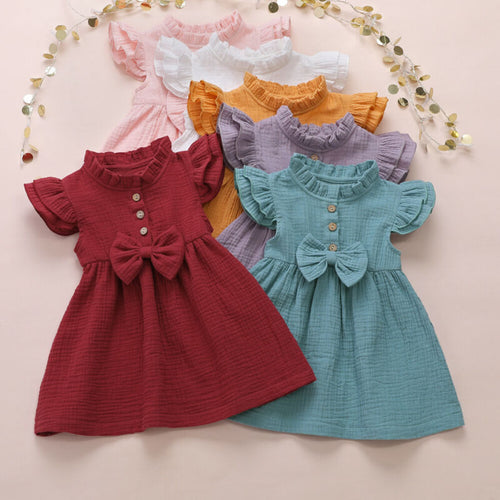 1-6 Years Girl Dress Kid Baby Girl Solid Linen Button Ruffle Sleeve Dress For Girls Cute Princess Dress Party Dress Girl Clothes