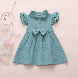 1-6 Years Girl Dress Kid Baby Girl Solid Linen Button Ruffle Sleeve Dress For Girls Cute Princess Dress Party Dress Girl Clothes